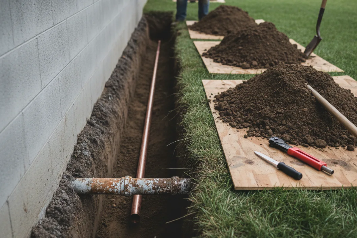 Excavated water line trench during Water Softener Installation in Carlstadt